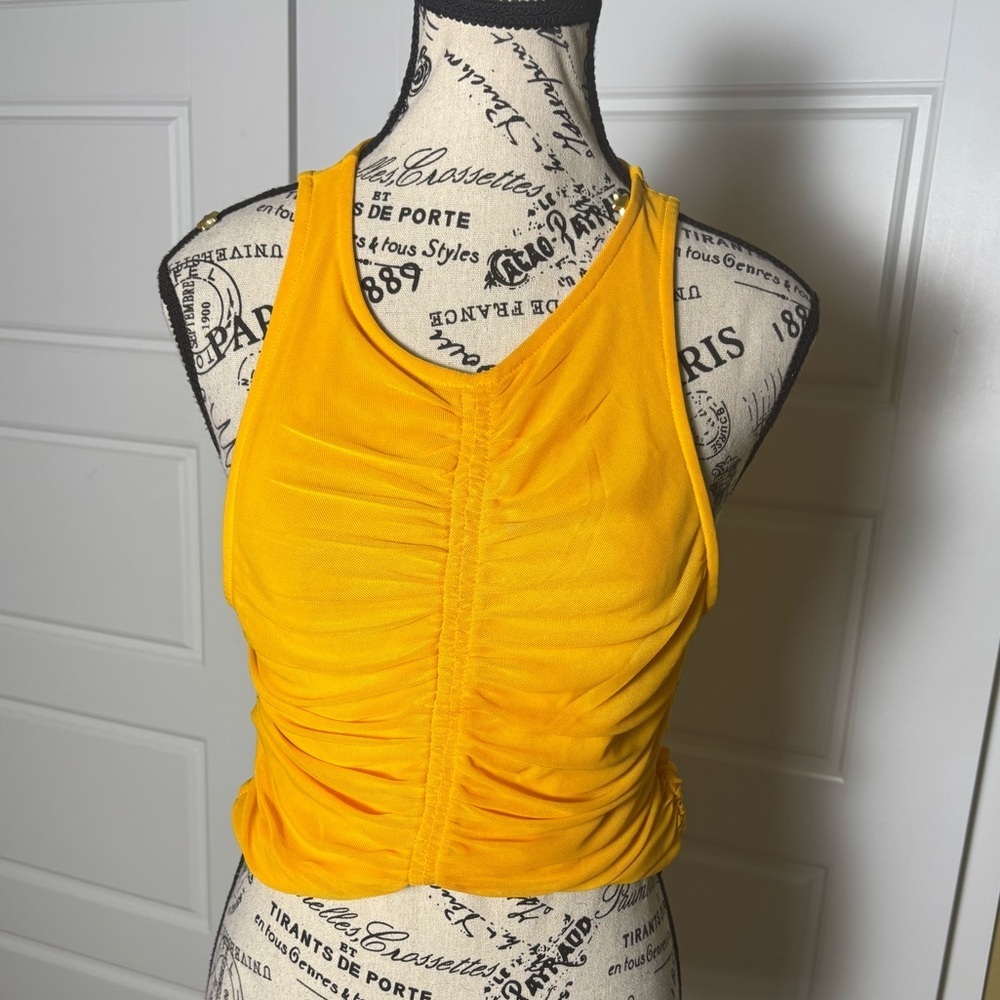 House of Harlow 1960 Revolve Ruched Crop Tank Top Golden Yellow Marigold Small